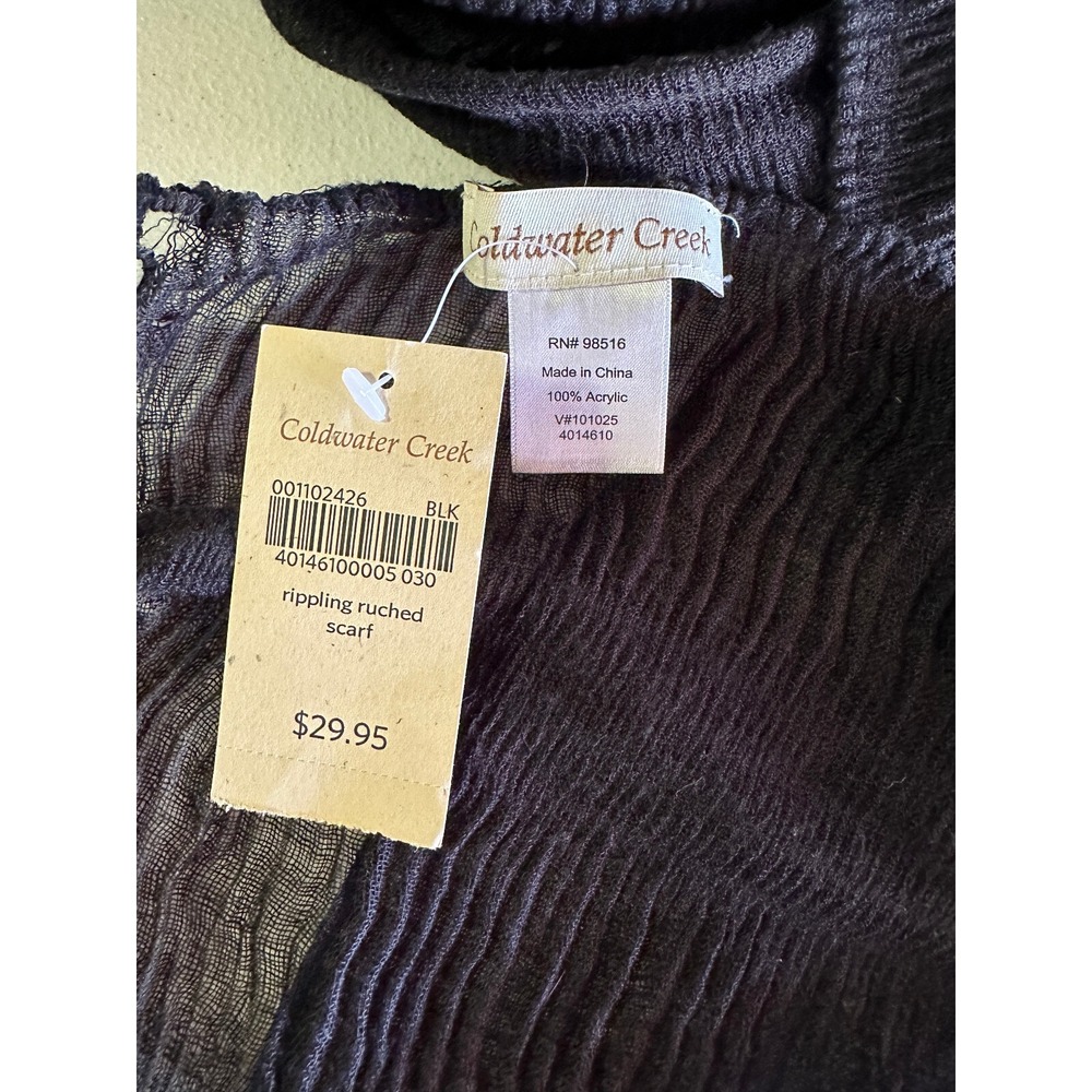 Coldwater Creek‎ Scarf Black Ruched Sheer Fringe 11x78 NEW Neck Wrap Lightweight